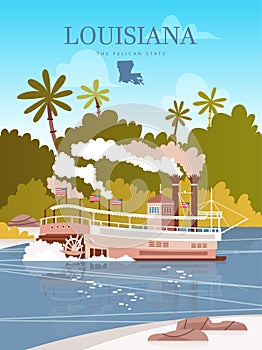 Travel colorful postcard from Louisiana, the pelican state. Vector illustration with a steamboat and Mississippi river photo