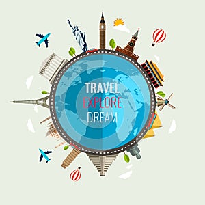 Travel composition with famous World Landmarks icons. Vector