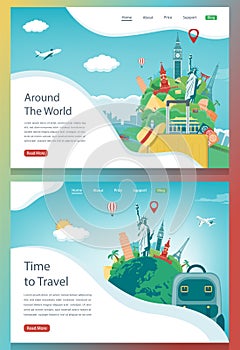 Travel composition with famous world landmarks. Travel and Tourism. Concept website template. Vector