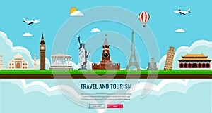 Travel composition with famous world landmarks. Travel and Tourism. Concept website template. Vector illustration. photo
