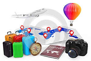 Travel Concept. Airplane with Hot Air Balloon over World Map wit