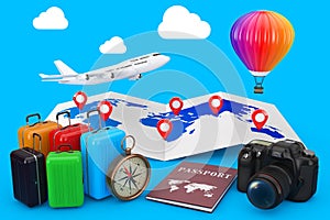 Travel Concept. Airplane with Hot Air Balloon over World Map wit