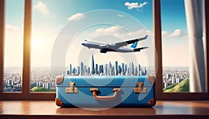 Travel concept with airplane, world famous landmark and travel luggage