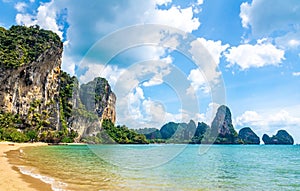 Travel concept. Amazing view of beautiful Ao Nang Beach. Location:  Krabi Province, Thailand, Andaman Sea. Artistic picture.