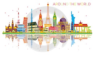 Travel Concept Around the World with Famous International Landmarks and Reflections.