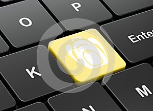 Travel concept: Backpack on computer keyboard background