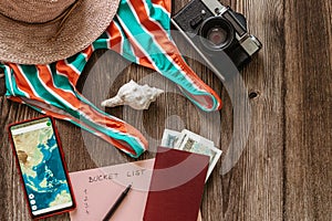 Travel concept banner flat lay.Items for summer vacation: passport,swimsuit,hat,money,smartphone with Asia map,retro camera copy