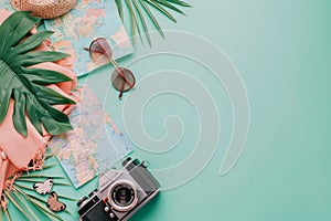 Travel concept with camera on a map and tropical palm