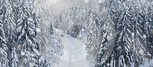 Travel concept. Car rides on a snowy forest road Scenic winter landscape