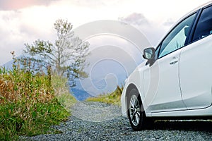 Travel Concept. Car on the Road in Countryside, Driving Car into