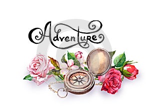 Travel concept - compass, flowers with lettering Adventure . Watercolor