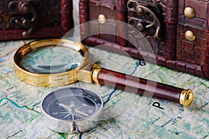 The travel concept with compass and map