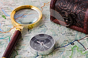 The travel concept with compass and map