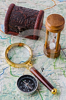 The travel concept with compass and map