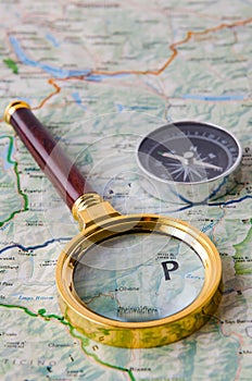 The travel concept with compass and map