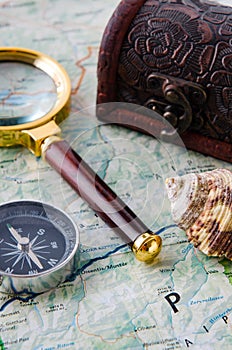 The travel concept with compass and map