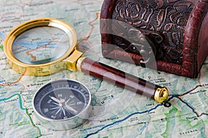 The travel concept with compass and map