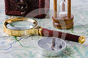 The travel concept with compass and map