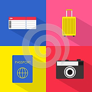 Travel concept flat illustrates with boarding pass passport luggage and camera