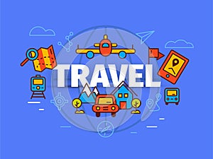 Travel concept in flat solid line design. Map markers and transportation elements as metaphor for tourism or vacation trip.
