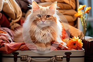 Travel concept with funny cat sitting on suitcase. life with animals concept