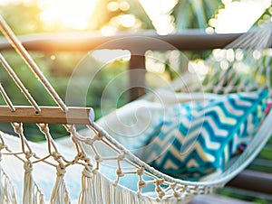 Travel concept with a hammock in a tropical beach with turquoise water in the background