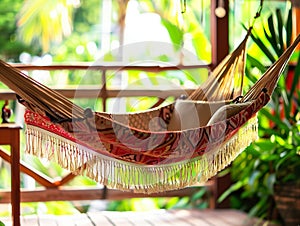 Travel concept with a hammock in a tropical beach with turquoise water in the background