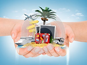Travel concept. Hands holding iceland with palm, suitcase, photo