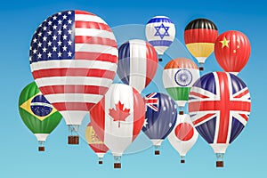 Travel concept. Hot air balloons with different flags of countries, 3D rendering