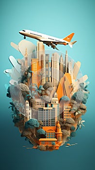 Travel concept with landmarks. Airplanes fly to one place Popular travel destinations