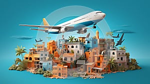 Travel concept with landmarks. Airplanes fly to one place Popular travel destinations