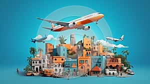 Travel concept with landmarks. Airplanes fly to one place Popular travel destinations