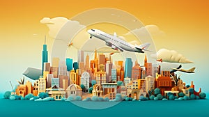 Travel concept with landmarks. Airplanes fly to one place Popular travel destinations