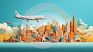 Travel concept with landmarks. Airplanes fly to one place Popular travel destinations