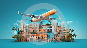 Travel concept with landmarks. Airplanes fly to one place Popular travel destinations