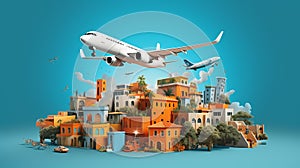 Travel concept with landmarks. Airplanes fly to one place Popular travel destinations