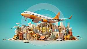 Travel concept with landmarks. Airplanes fly to one place Popular travel destinations