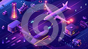 Travel concept modern illustration. Airport runway with burning lights and plane taking off on purple background. For