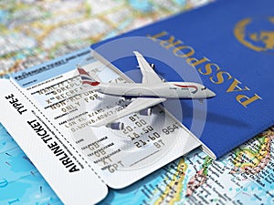 Travel concept. Passports, airline tickets and airplane