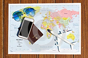 Travel concept with plan money passport glasses
