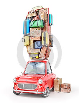 Travel concept. Red vintage car with travel suitcases on the roof.