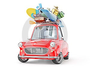 Retro car full of things for rest isolation on a white. 3d illustration