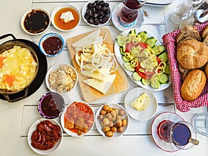 Travel concept: setup with traditional delicious turkish breakfast