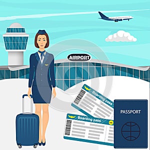 Travel concept with stewardess woman in blue uniform with suitcase, flight tickets, passport, airport building, airplane in the sk