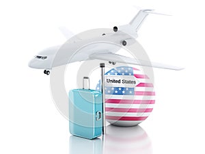 Travel concept. Suitcase, plane and united states flag icon. 3d illu