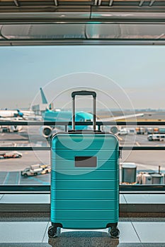 Travel concept with suitcases in airport, airplane against blue sky background, wanderlust idea