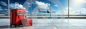 Travel concept suitcases in airport with airplane, blue sky background for wanderlust inspiration