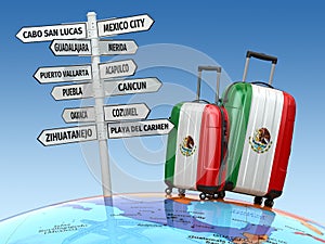 Travel concept. Suitcases and signpost what to visit in Mexico.