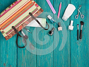 Travel concept - summer women set with straw bag, cosmetics make