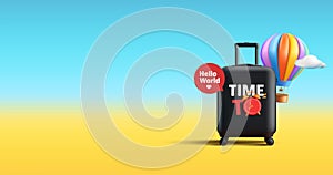 Travel concept with travel suitcase, hot air balloon and alarm clock, time to travel banner, render cartoon style